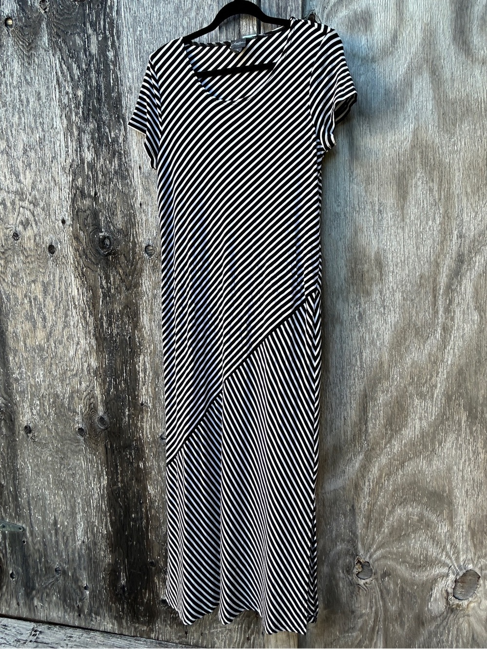 Chicos Travelers Black White Striped Maxi Dress V-Neck Short Sleeve Size 2 L - Picture 2 of 9